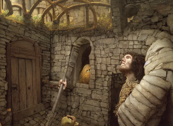 Image similar to jim henson's labyrinth. stone walls. you find a hole in the wall, like someone took a sledge hammer and just kept smashing as they walked forward. by edgar maxence and caravaggio and michael whelan and delacroix style, artistic, intricate painting, cinematic lighting, hyper realistic, extremely detailed, vivid colors, establishing shot, dramatic lighting