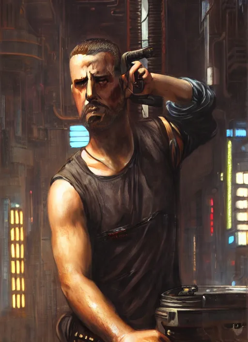 Prompt: Cyberpunk mechanic (blade runner 2049, cyberpunk 2077). Orientalist portrait by john william waterhouse and James Gurney and Theodore Ralli and Nasreddine Dinet, oil on canvas. Cinematic, hyper realism, realistic proportions, dramatic lighting, high detail 4k