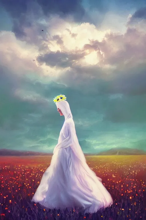 Image similar to giant white daisy flower on head, veiled girl walking in a flower field, surreal photography, sunrise, dramatic light, impressionist painting, colorful clouds, digital painting, artstation, simon stalenhag