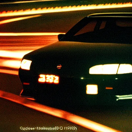 Image similar to nissan skyline r 3 3 rides on tokyo highway, night, high traffic, photograph from 1 9 9 9 year