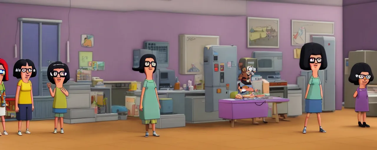 Image similar to cast of bob's burgers in the computer game the sims, tilt shift, volumetric lighting, computer graphics