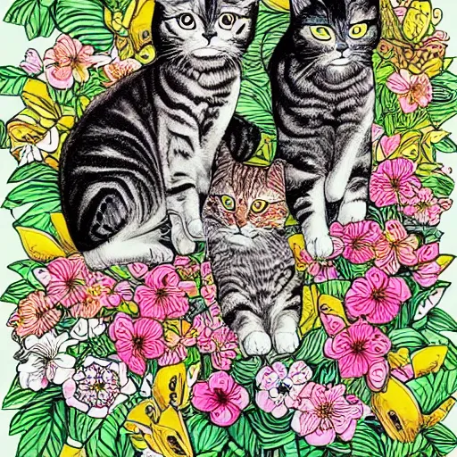 Prompt: detailed intricate ink illustration, a group of cat playing in a garden of flowers, a mix media painting by Sandra Chevrier