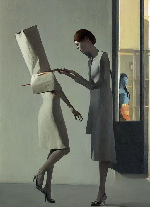 Image similar to women in paper bag over the head and a sward at catwalk restaurant Edward Hopper and James Gilleard, Zdzislaw Beksinski, highly detailed