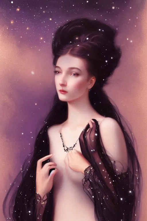 Image similar to Nocturne, glowing, stars, a long-legged elegant young princess, long black hair, pearl amulet, highly detailed, mysterious, ethereal, dressed in black velvet, haute couture, illustration, dramatic lighting, soft details, painting, by Edmund Blair Leighton, Brom, Charlie Bowater, trending on artstation, faces by otto schmidt