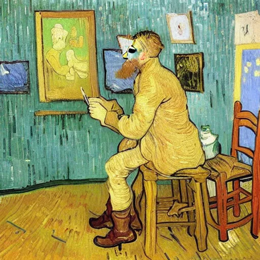 Image similar to a painting of van gogh painting himself while he paints himself painting