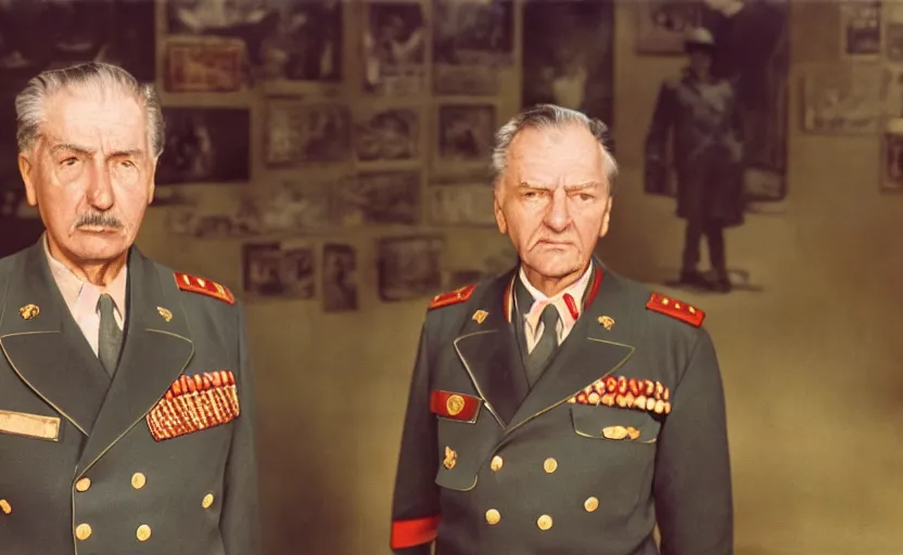 Image similar to 50s movie still close-up portrait of an elder soviet general standing in an sovietic museum, by David Bailey, Cinestill 800t 50mm eastmancolor, heavy grainy picture, very detailed, high quality, 4k, HD criterion, precise texture and facial expression