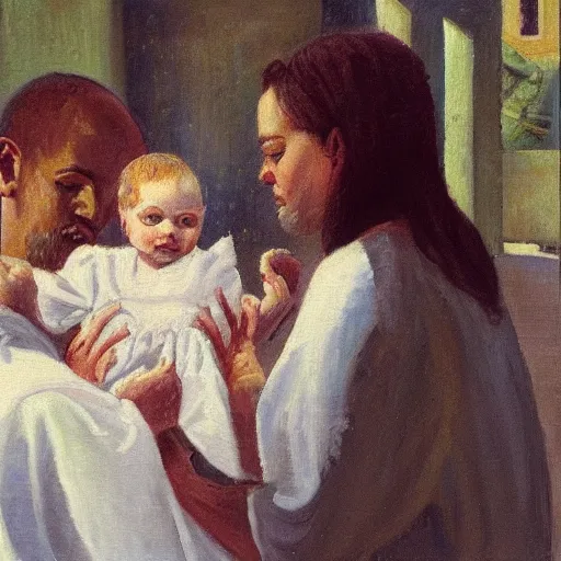 Image similar to a child being baptised, oil painting