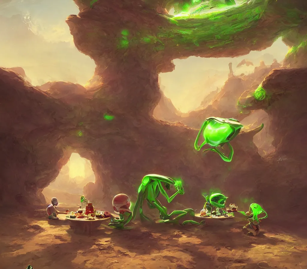 Prompt: An is having a picnic with a green alien on Mars, by Jordan Grimmer, digital art, trending on Artstation,