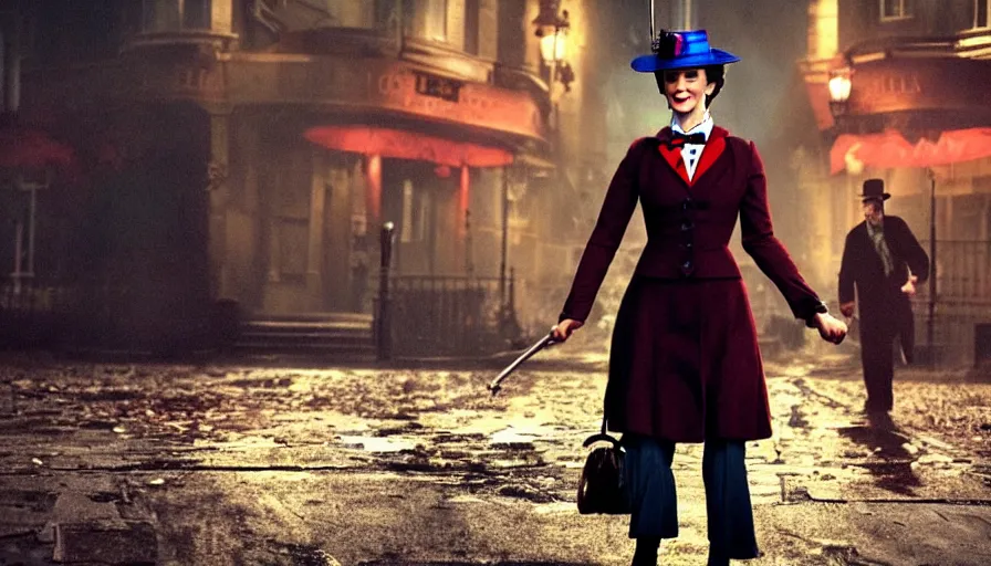 Image similar to mary poppins in resident evil, action film, horror film, cinematic style, 3 5 mm, film post process