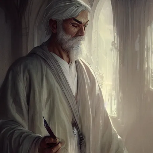 Prompt: man, white clothed, white hair, daoist, artstation, concept art, highly detailed, style of greg rutkowski and alphonse mucha