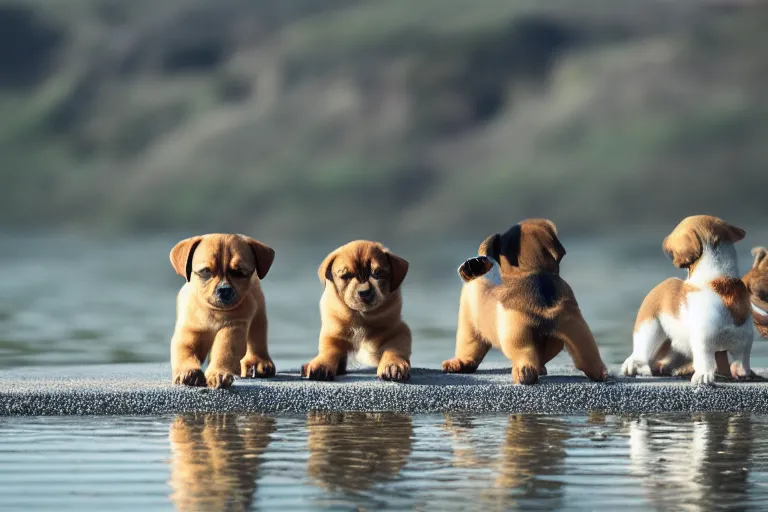 Image similar to a puppy is looking directly at the water below them while they stand at an edge