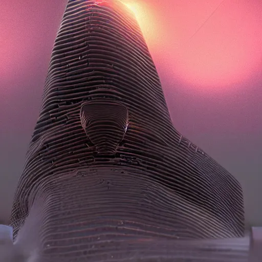 Prompt: house harkonnen from dune designed by hr giger moebius leonardo da vinci anton la vey and yasushi nirasawa, octane render, photorealistic, hdr, volumetric lighting, bokeh, sunset peeking through angular windows, advanced architectural design with led light background, glowing small red diodes, menacing design, 8 k - w 9 6 0