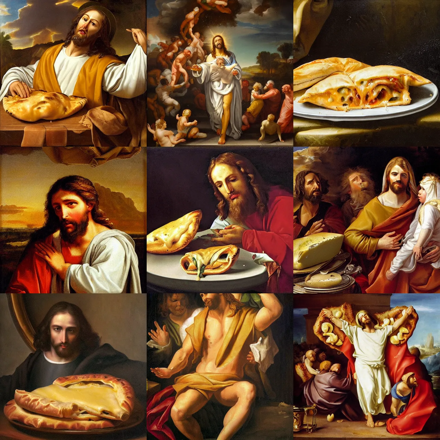 Prompt: jesus christ in the calzone, calzone man, baroque painting, dripping cheese