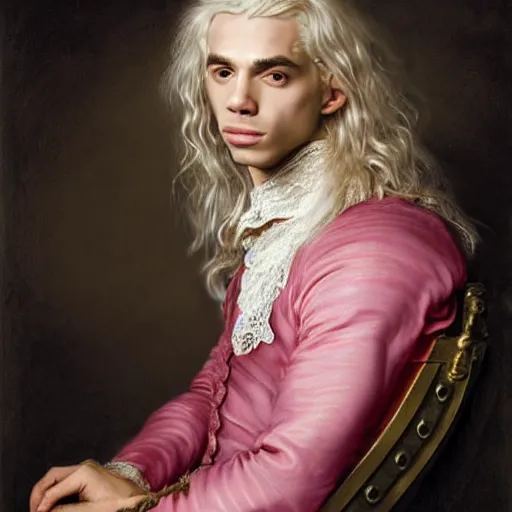 Image similar to beautiful portrait painting of Viserys Targaryen with long curly blond hair, delicate young man wearing a wispy pink silk dress smiling sleepily at the viewer, symmetrically parted curtain bangs, in love by Peter Paul Rubens and Seb Mckinnon