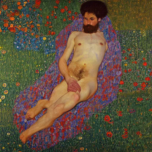 Prompt: a man laying in the sun, full body, wrapped in sheets, Gustav Klimt painting