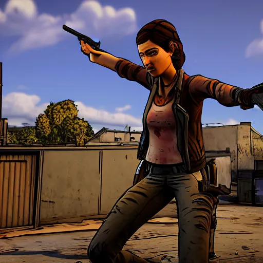 Prompt: game walking dead telltale games clementine aiming with a sniper rifle on a rooftop, 4 k, highly detailed