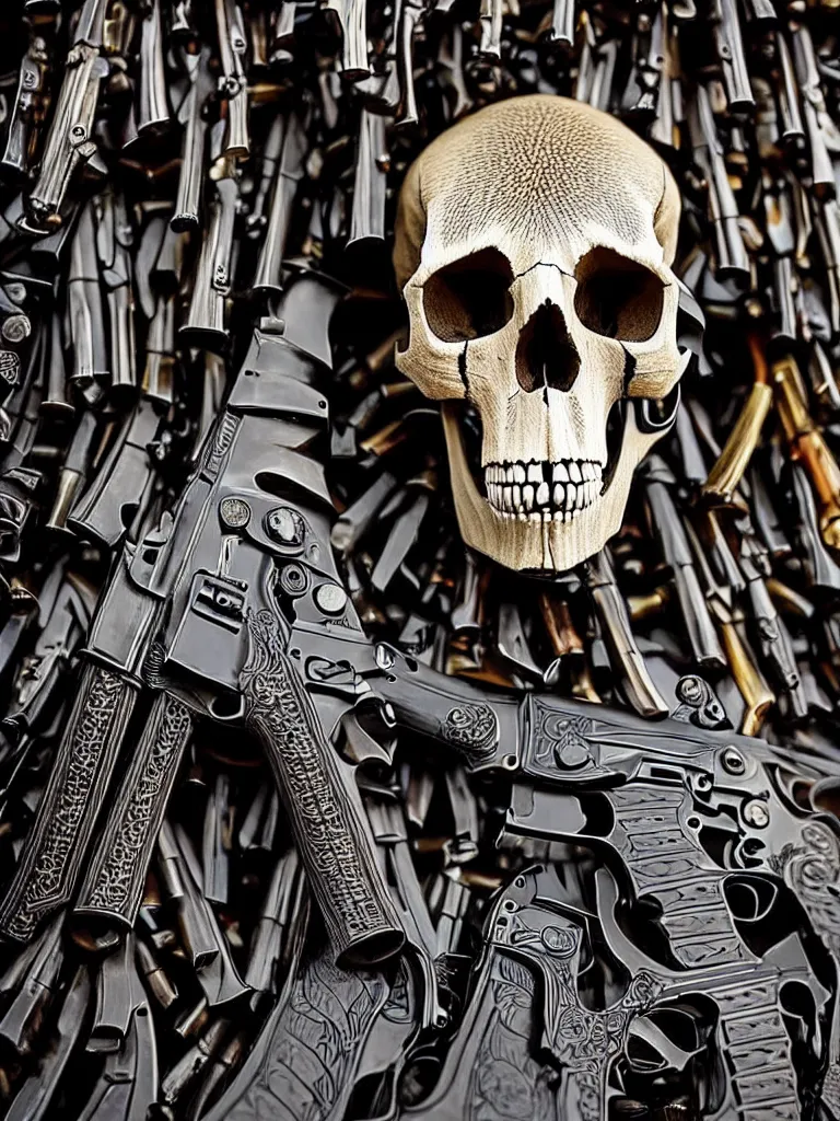 Image similar to animal skull made of rifles, skull made of revolvers, ultra-realistic, intricate details photograph