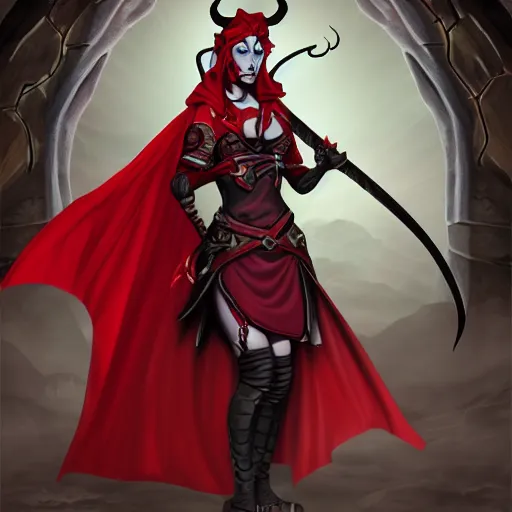 Prompt: Dungeons and Dragons character art of a female tiefling, red skin, black cloak, holding daggers