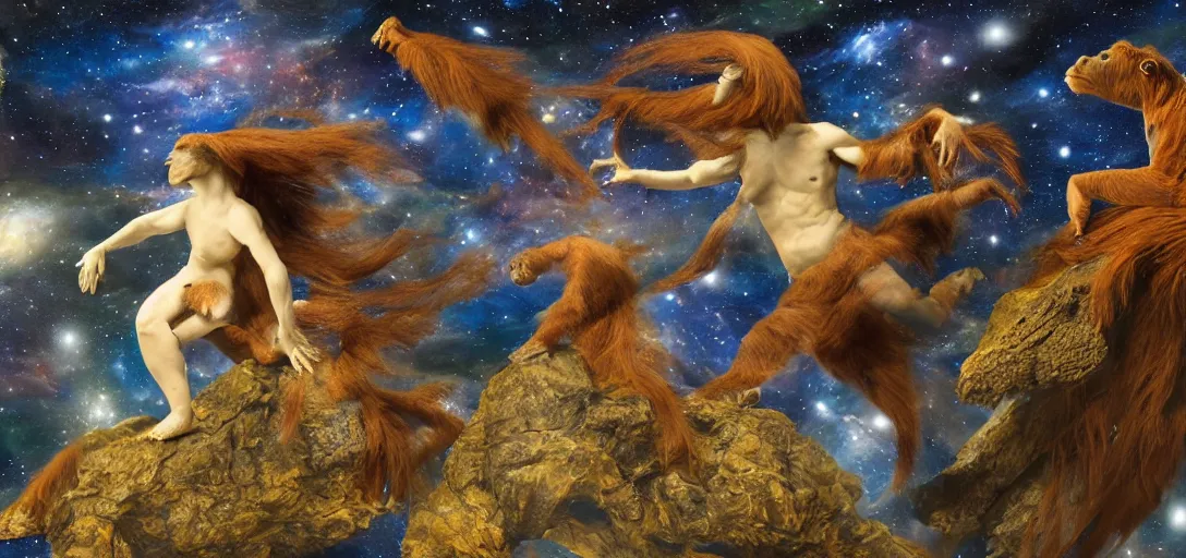 Image similar to Large diorama, celestial Beata Ludovica Albertoni, galaxy background, with an orangutan floating by in a heroic pose