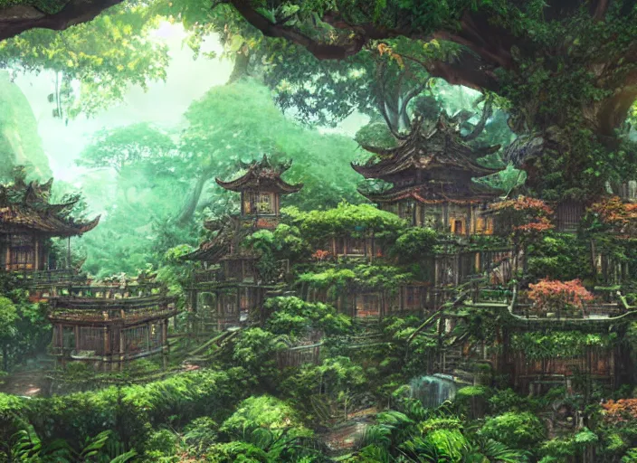 Prompt: Fantasy tropical forest temple. hidari, color page, tankoban, 4K, tone mapping, Akihiko Yoshida.