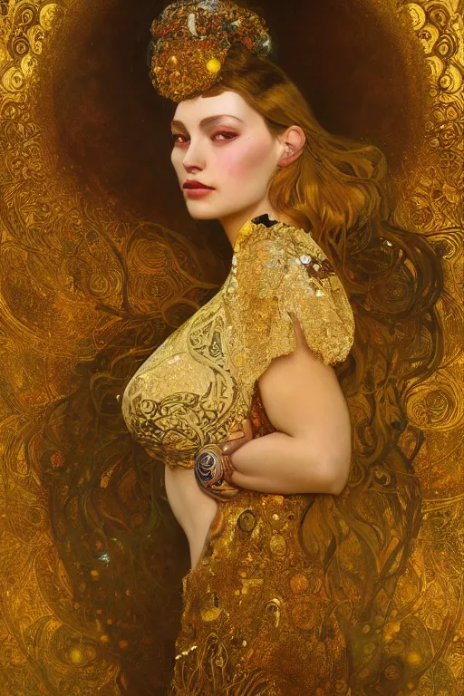 Image similar to an intricate painting of a beautiful young lady with an artistic sensual pose with klimt golden motives and textures, hyper detailed, ornamental gold headpiece, octane render, vivid colors, artstation, by jeremy mann, by alphonse mucha, by boris vallejo