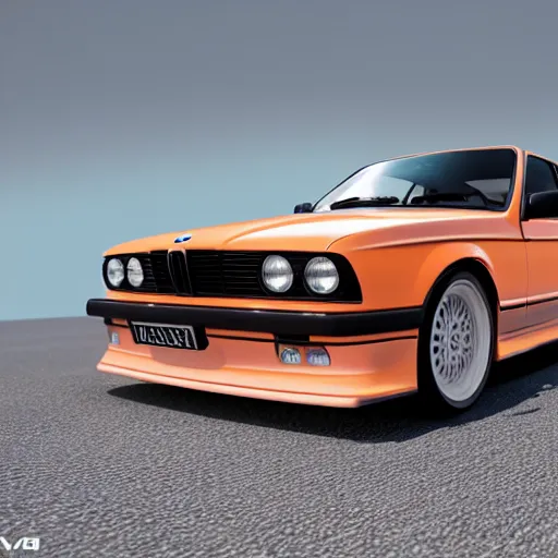 Image similar to blender render of orange bmw e 3 0 m 3 in a field of flowers, low angle shot