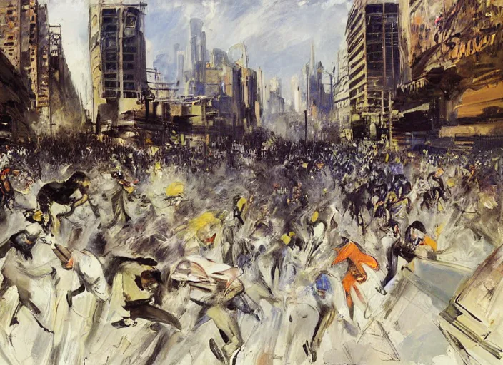 Image similar to people running at full speed protesting in dystopian santiago de chile by john berkey and manet