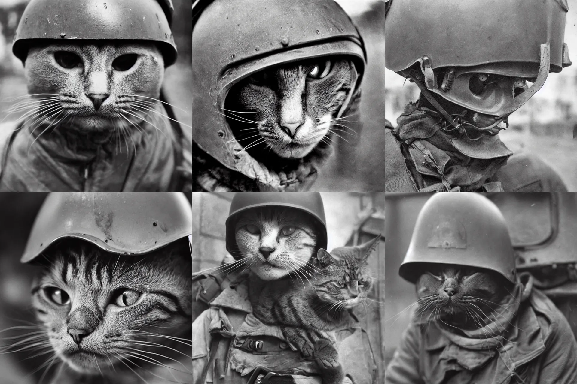 Prompt: Close up of a cat wearing soldier helmet in the battle, WW2 historical photography, black and white, very coherent, realism
