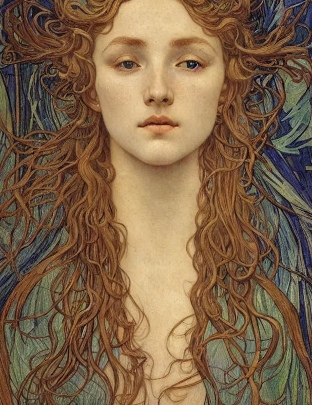 Image similar to detailed realistic beautiful young medieval queen face portrait by jean delville, alphonse mucha, vincent van gogh, and marco mazzoni, art nouveau, symbolist, visionary, gothic, pre - raphaelite