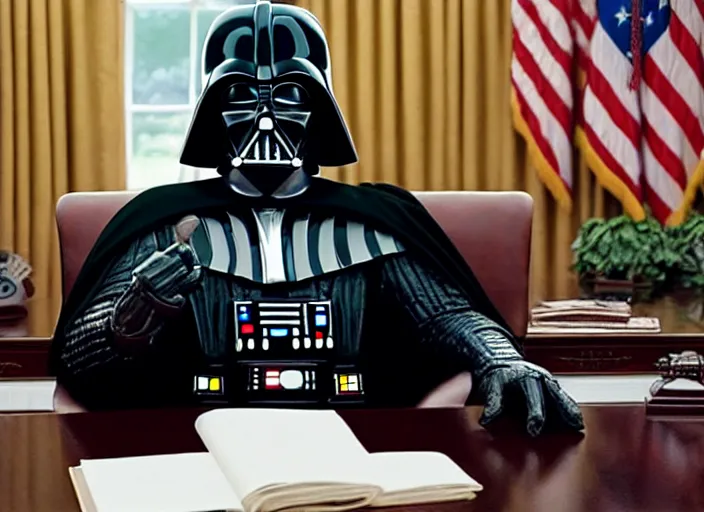 Image similar to film still of Darth Vader is president of the United States sitting in the Oval Office in the new Star Wars movie, 4k