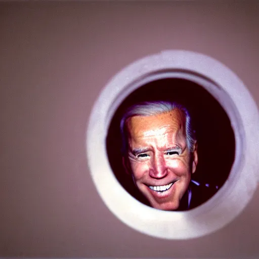 Image similar to A close-up portrait of Joe Biden's manic crazy face peeking through a hole in a door, film still from The Shining by Stanley Kubrick, Eastman Color Negative II 100T 5247/7247, ARRIFLEX 35 BL Camera