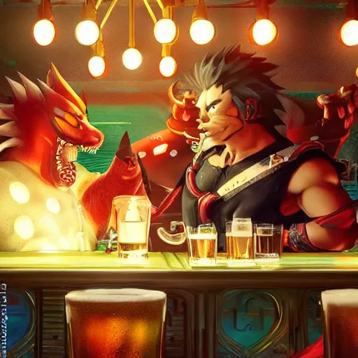 Prompt: an ultra detailed illustration of shadow the hedgehog and bowser sitting in a bar drinking beer, dive bar with a karaoke machine, volumetric lighting, 4 k, octane render, art by greg rutkowski and alphonse mucha and andreas rocha and albert bierstadt