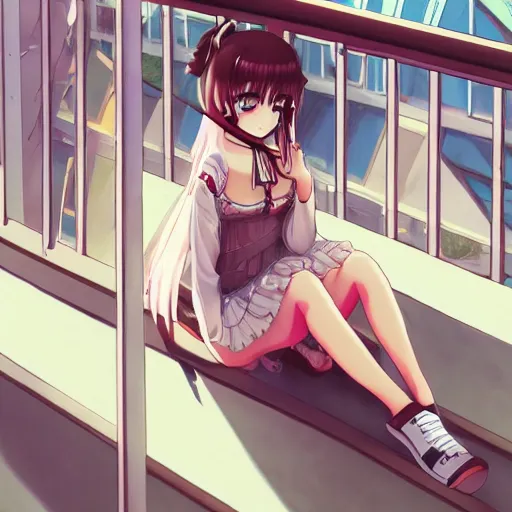 Image similar to anime girl sitting on a balcony while listening to music, anime key visual, aesthetic, trending on artstation, deviantart, artgem, perfect composition, ross draws, wlop, 8 k