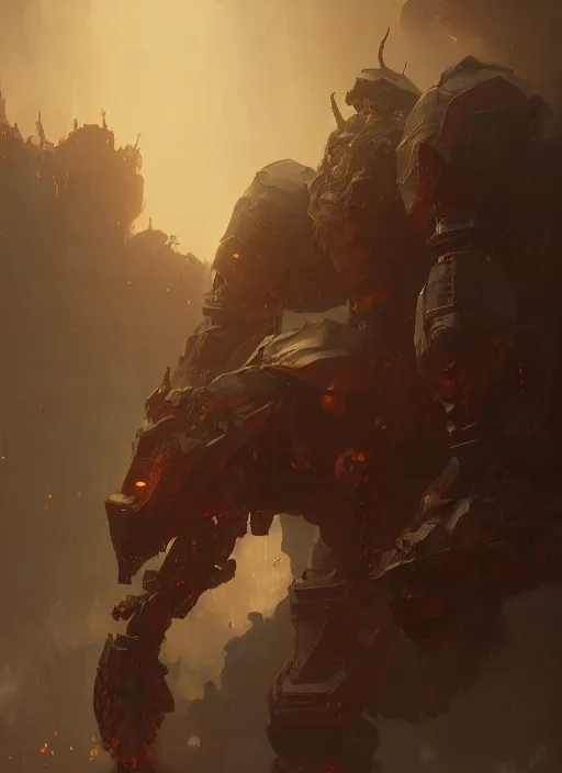 Image similar to a photorealistic dramatic hyperrealistic render of an armored fire golem by wlop, greg rutkowski, alphonse mucha, beautiful dynamic dramatic dark moody lighting, shadows, cinematic atmosphere, artstation, concept design art, octane render, 8 k