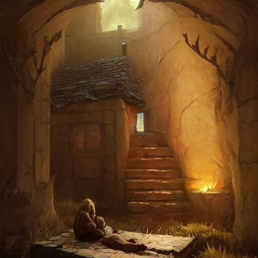 Image similar to a warg sleeping on a mat in a corner of a adobe house, torchlit, concept art by marc simonetti and christophe vacher, trending on artstation