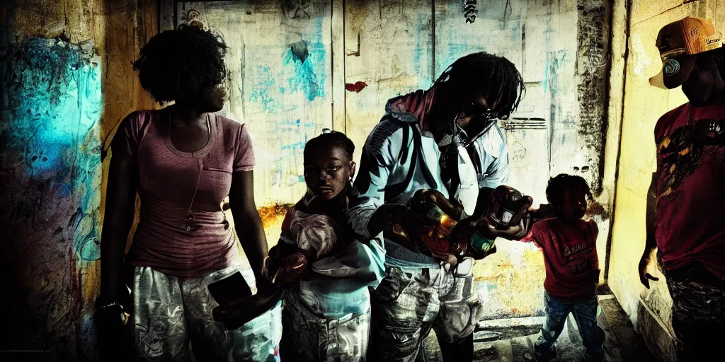 Image similar to ( predator alien ) staying with ( bottle of hennessy ) in ghetto projects with ( old black woman and her gangsta kid ). cold light, cinematic colors, high detail