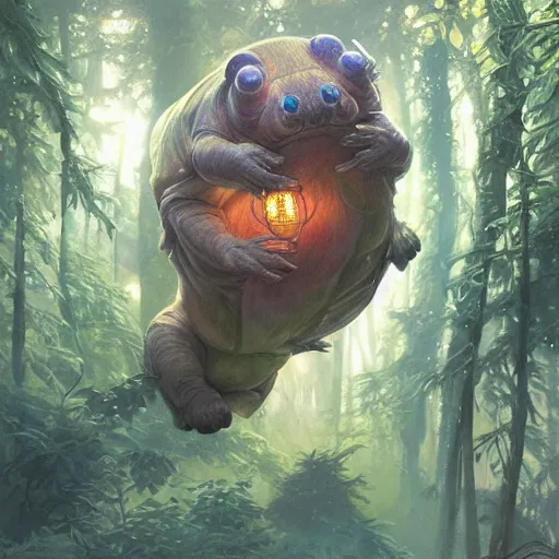 Image similar to ultra realistic illustration of magical tardigrade, forest, fantasy, colorful lights, intricate, elegant, highly detailed, digital painting, artstation, concept art, smooth, sharp focus, illustration, art by artgerm and greg rutkowski and alphonse mucha