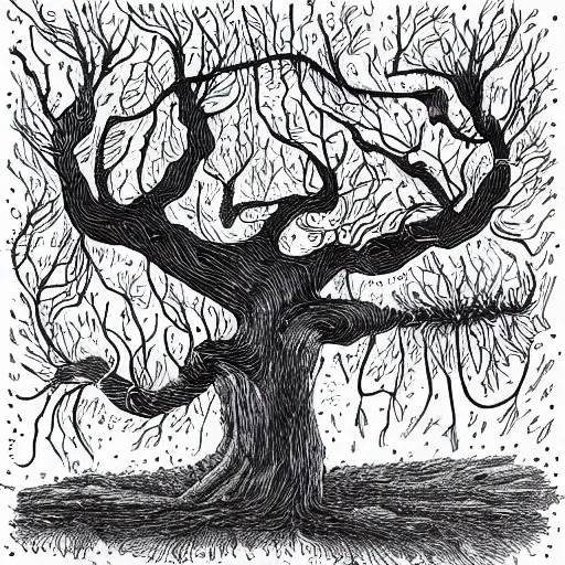 Image similar to black and white ink doodle illustration of an ancient tree floating in outer space, overgrown with funghi, style by peter deligdisch, peterdraws