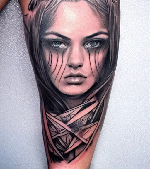 Prompt: tattoo design on white background of a beautiful girl warrior, hyper realistic, realism tattoo, by eliot kohek