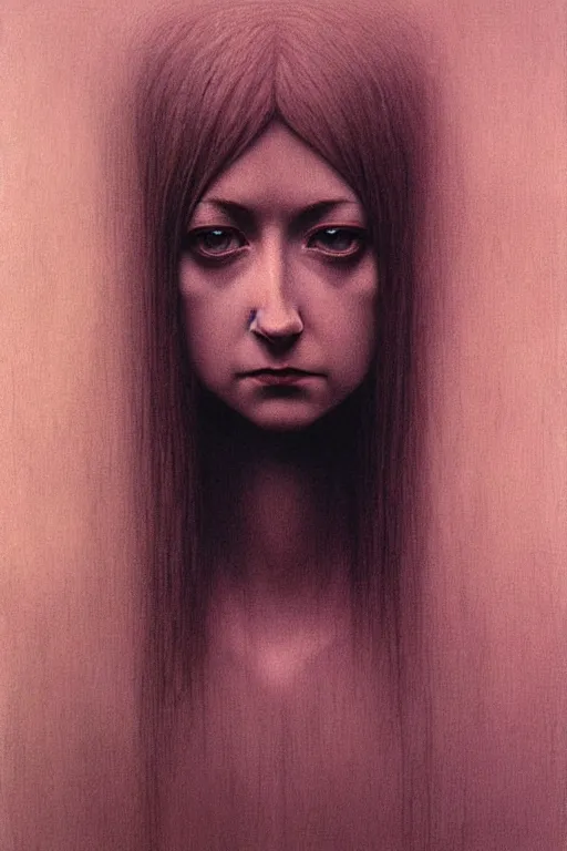 Prompt: female who looks like young alyson hannigan by beksinski