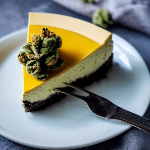 Image similar to close view of a delicious sweet and perfect marijuana cheesecake piece, award winning, 4 k, beautiful