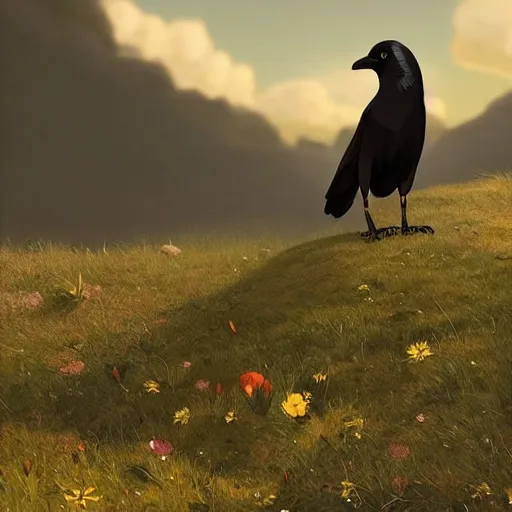 Image similar to a wholesome animation key shot of a crow on a hill, portrait shot, centered subject, studio ghibli, pixar and disney animation, sharp, rendered in unreal engine 5, anime key art by greg rutkowski, bloom, dramatic lighting