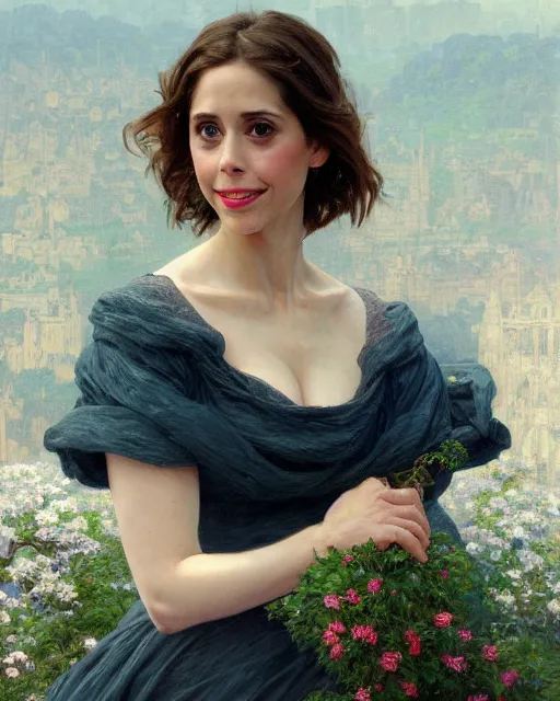 Prompt: a portrait painting of alison brie / rebecca hall / kate mara / sabrina lloyd hybrid oil painting, gentle expression, smiling, elegant clothing, scenic background, extremely detailed and lifelike, artgerm, greg rutkowski, alphonse mucha, vladimir volegov, adolphe bouguereaum, greg hildebrandt