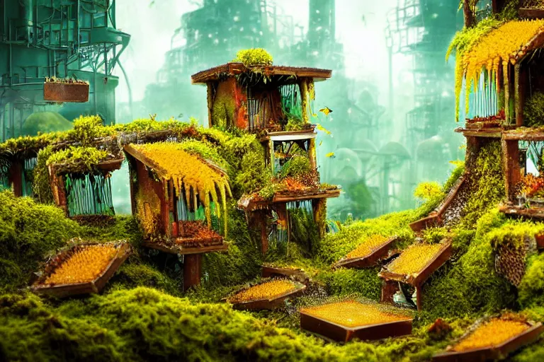 Image similar to elegance, favela garden honeybee hive, slime mold forest environment, industrial factory, cheerful, award winning art, epic dreamlike fantasy landscape, ultra realistic,