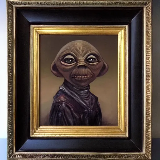 Image similar to high quality oil painting portrait of E.T. extra terrestrial in victorian manchester, dark background, high fantasy, perfect lighting