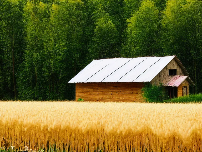 Prompt: hyperrealism photography of beautiful eco house around the forest in small ukrainian village by taras shevchenko, wheat field behind the house