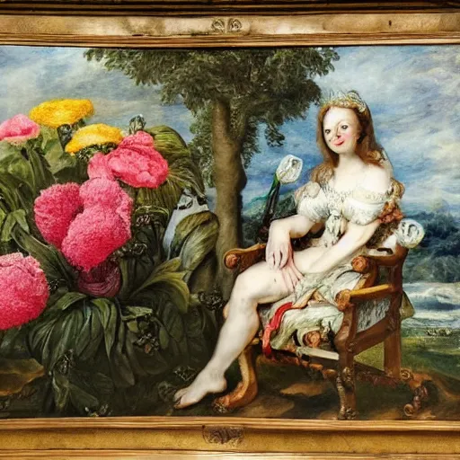 Image similar to realistic Pepe frog relaxed in a king's chair surrounded by beautiful women and flowers, clear weather, Peter Paul Rubens style