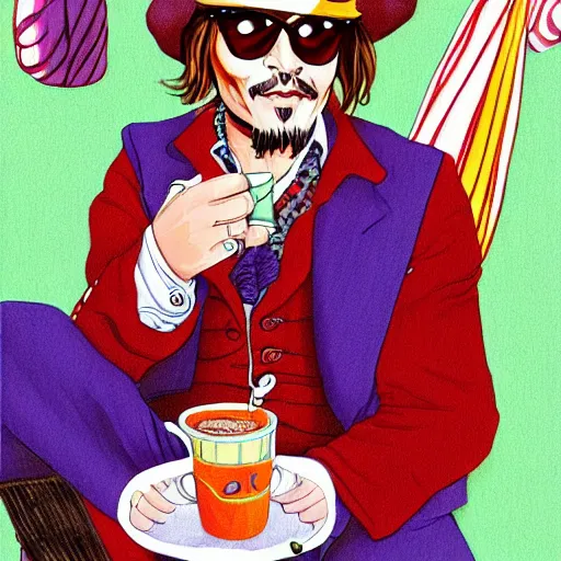 Image similar to Johnny Depp is covered in a blanket and drinking tea in Willy Wonka's Chocolate Factory, Illustration, Colorful, by Lulu Chen