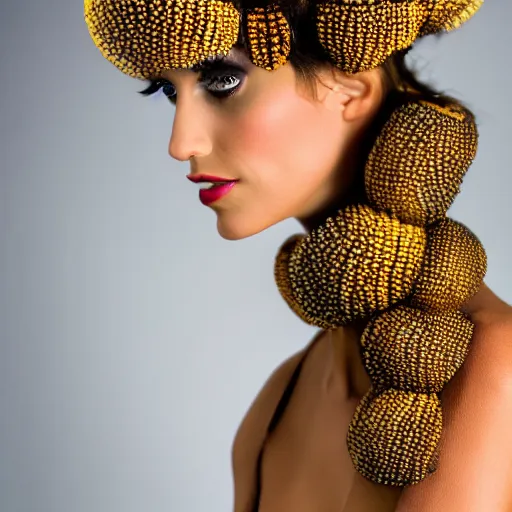 Image similar to a beautiful dress made of a real bee hive, on a mannequin. high resolution, studio lighting, closeup