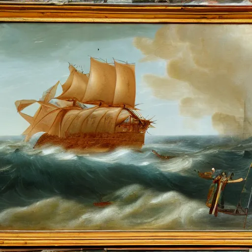 Image similar to oil painting of a ship on stormy waters, the ship is burning, 1 8 th century, antique painting